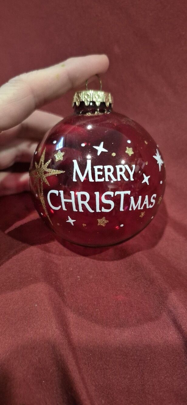 Bronners Merry Christmas Ornament Clear Red Gold White Stars Decor Holiday EUC